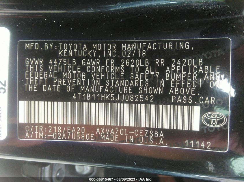 2018 TOYOTA CAMRY L/LE/XLE/SE/XSE - 4T1B11HK5JU082542