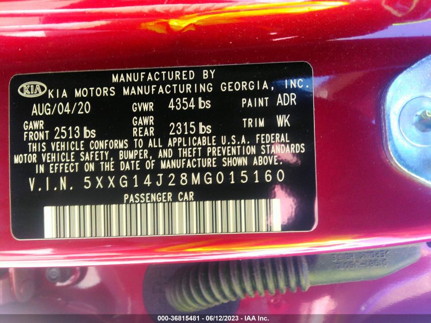 2021 KIA K5 LXS - 5XXG14J28MG015160