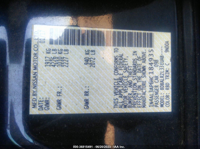 VIN 1N4AL3AP6HC184935 2017 NISSAN ALTIMA 2.5 SL
