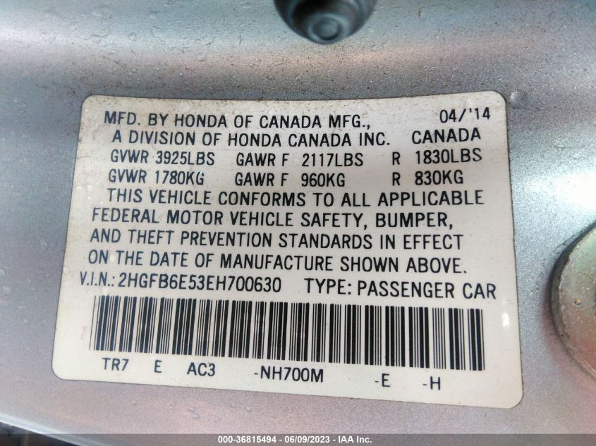 2014 HONDA CIVIC SEDAN SI - 2HGFB6E53EH700630