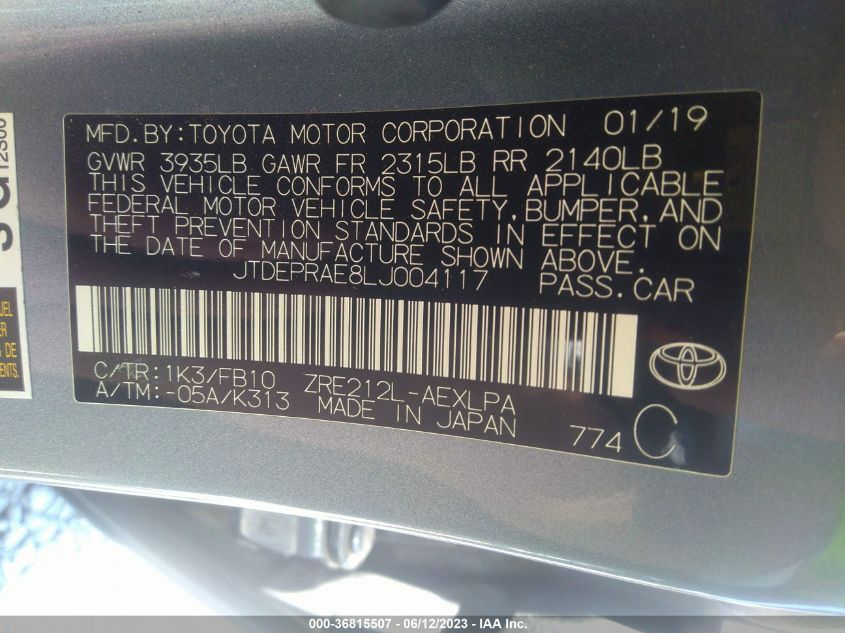 2020 TOYOTA COROLLA LE - JTDEPRAE8LJ004117