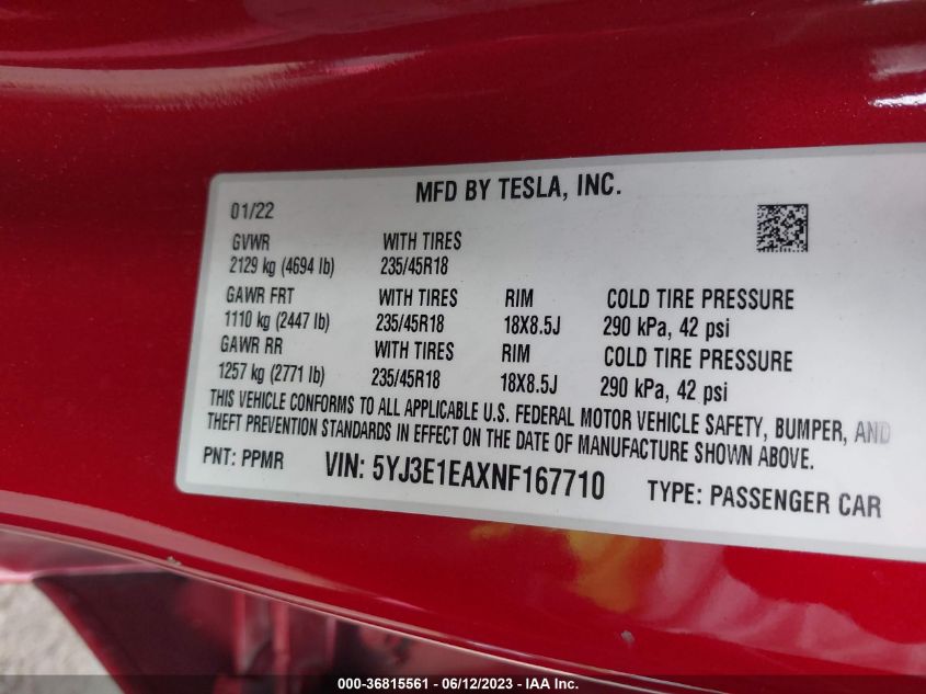 2022 TESLA MODEL 3 - 5YJ3E1EAXNF167710