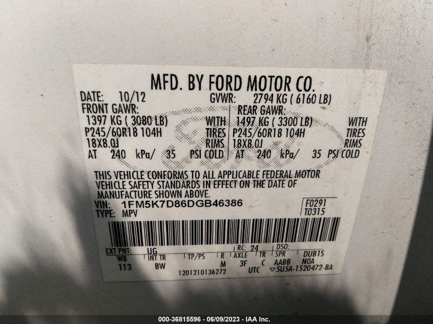 2013 FORD EXPLORER XLT - 1FM5K7D86DGB46386