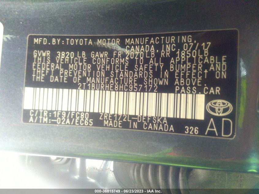 2017 TOYOTA COROLLA L/LE/XLE/SE - 2T1BURHE8HC957172