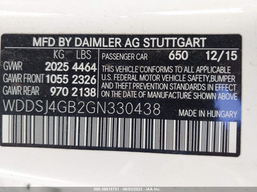 2016 MERCEDES-BENZ CLA CLA 250 WDDSJ4GB2GN330438