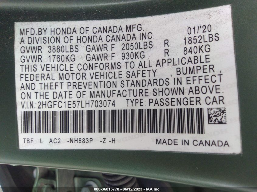 2020 HONDA CIVIC SI SEDAN - 2HGFC1E57LH703074