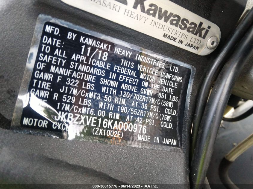 2019 KAWASAKI ZX1002 JKBZXVE16KA000976