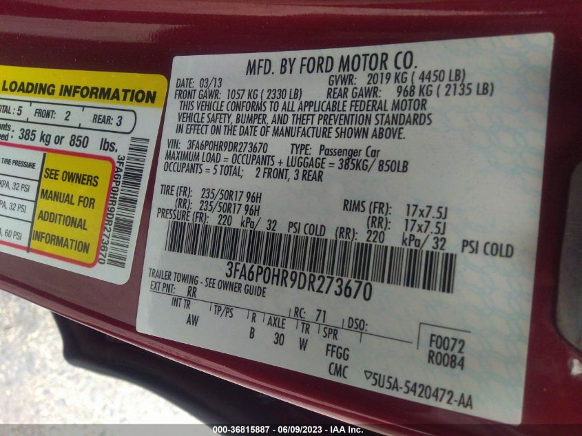 2013 FORD FUSION SE - 3FA6P0HR9DR273670