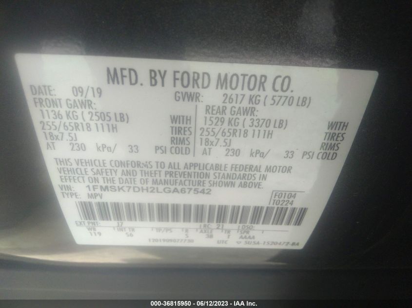 2020 FORD EXPLORER XLT - 1FMSK7DH2LGA67542