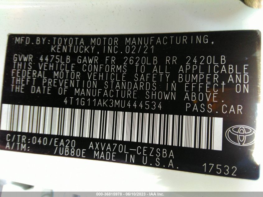 2021 TOYOTA CAMRY SE - 4T1G11AK3MU444534