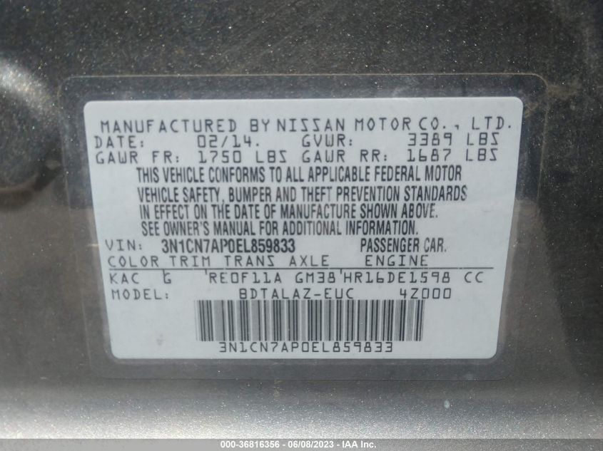 2014 NISSAN VERSA S PLUS - 3N1CN7AP0EL859833