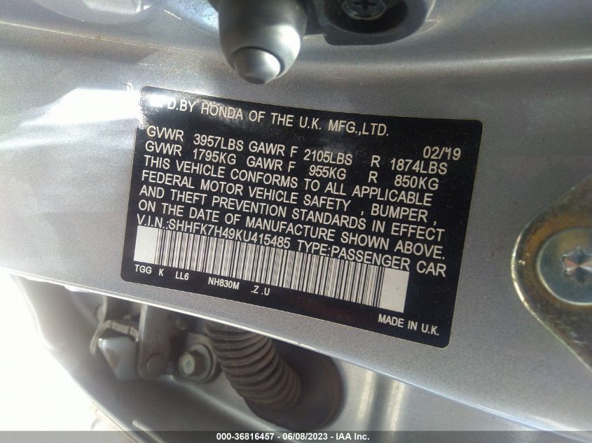 2019 HONDA CIVIC HATCHBACK SPORT - SHHFK7H49KU415485