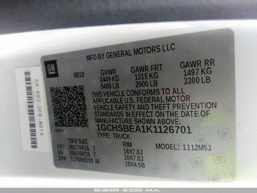 2019 CHEVROLET COLORADO 2WD WORK TRUCK - 1GCHSBEA1K1126701