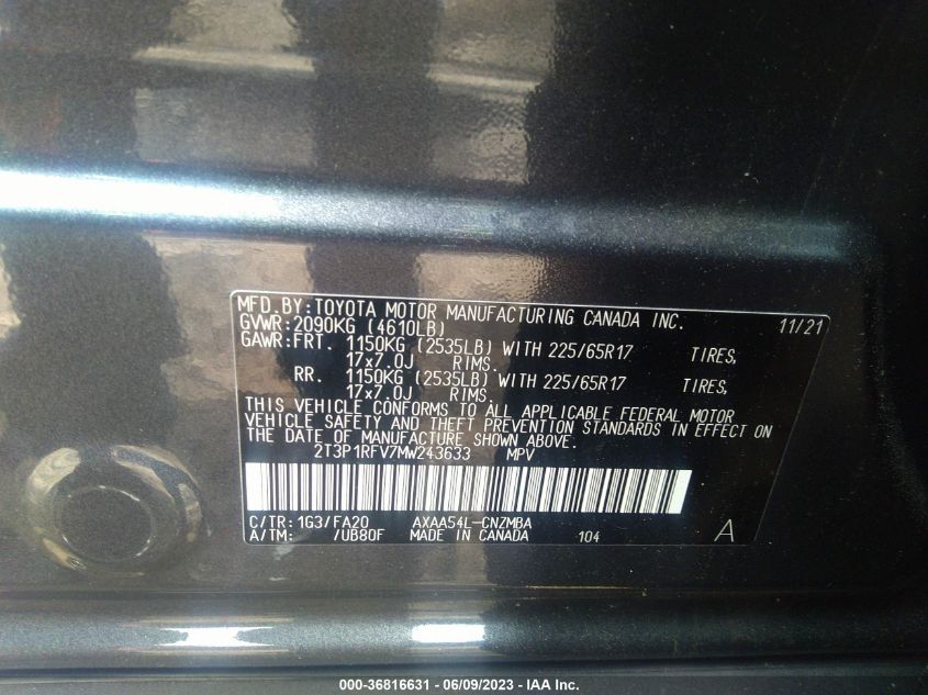 2021 TOYOTA RAV4 XLE - 2T3P1RFV7MW243633