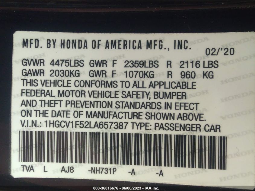 2020 HONDA ACCORD SEDAN EX-L - 1HGCV1F52LA657387