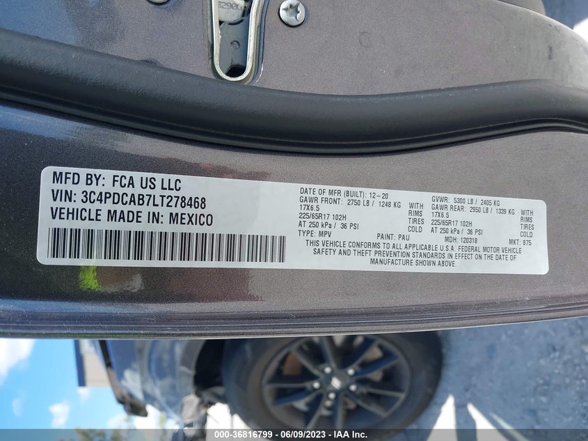 VIN 3C4PDCAB7LT278468 2020 DODGE JOURNEY SE