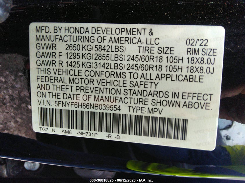 VIN 5FNYF6H86NB039554 2022 HONDA PILOT TRAILSPORT