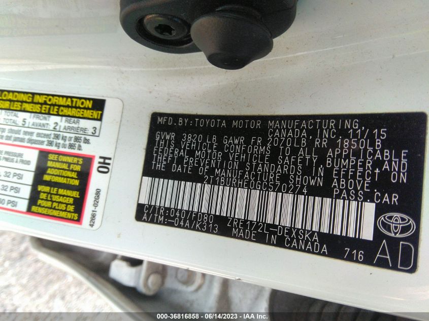 2016 TOYOTA COROLLA L/LE/LE PLS/PRM/S/S PLS - 2T1BURHE0GC570274