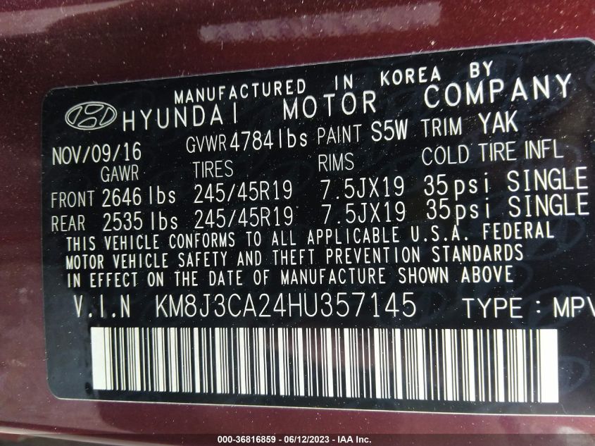 2017 HYUNDAI TUCSON SPORT - KM8J3CA24HU357145