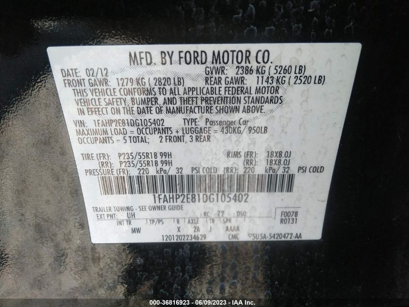 2013 FORD TAURUS SEL - 1FAHP2E81DG105402
