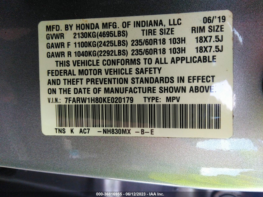 VIN 7FARW1H80KE020179 2019 HONDA CR-V EX-L