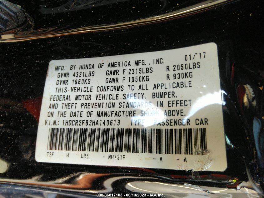 2017 HONDA ACCORD SEDAN EX-L - 1HGCR2F83HA140613