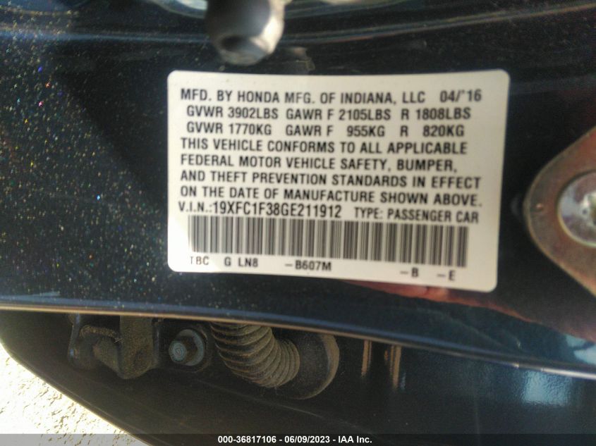 2016 HONDA CIVIC SEDAN EX-T - 19XFC1F38GE211912