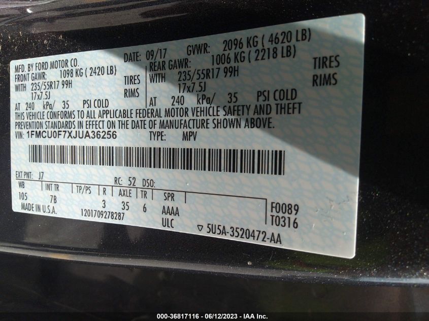 2018 FORD ESCAPE S - 1FMCU0F7XJUA36256