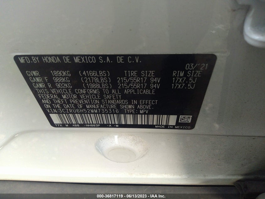 VIN 3CZRU6H52MM735316 2021 HONDA HR-V EX