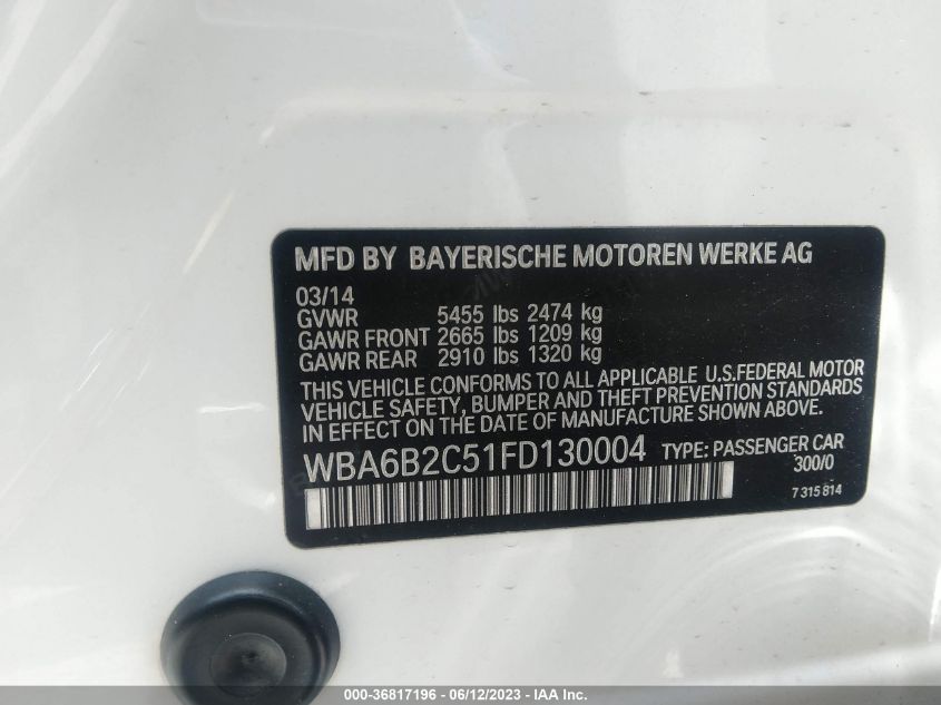 2015 BMW 6 SERIES 650I - WBA6B2C51FD130004