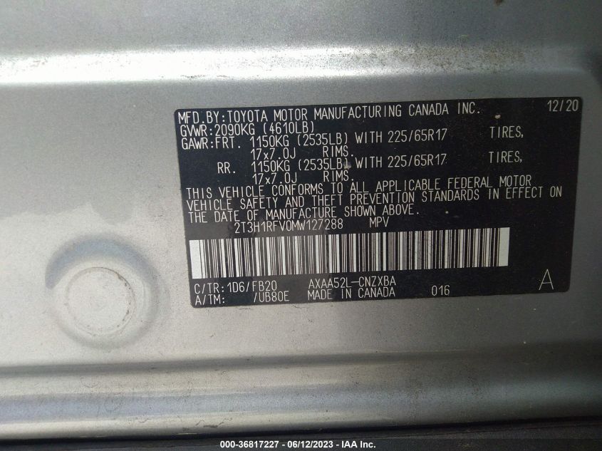 2021 TOYOTA RAV4 LE - 2T3H1RFV0MW127288
