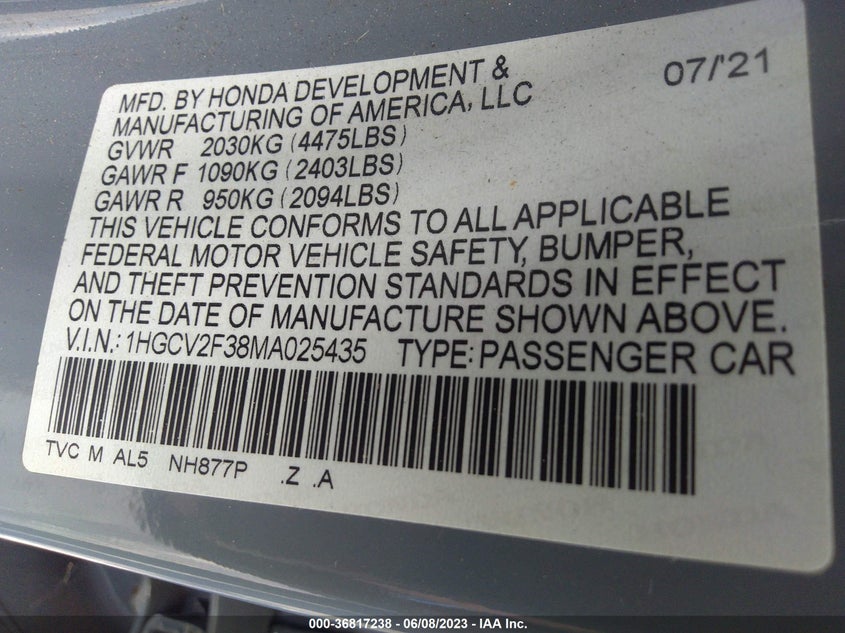 VIN 1HGCV2F38MA025435 2021 HONDA ACCORD SEDAN SPORT