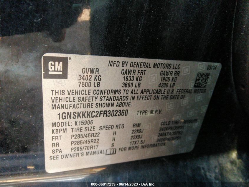 2015 CHEVROLET SUBURBAN LTZ - 1GNSKKKC2FR302360
