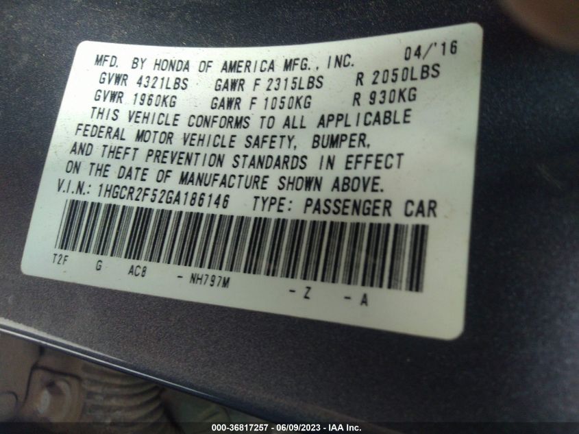 2016 HONDA ACCORD SEDAN SPORT - 1HGCR2F52GA186146