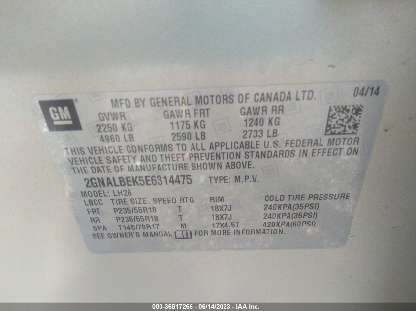 2014 CHEVROLET EQUINOX LT - 2GNALBEK5E6314475