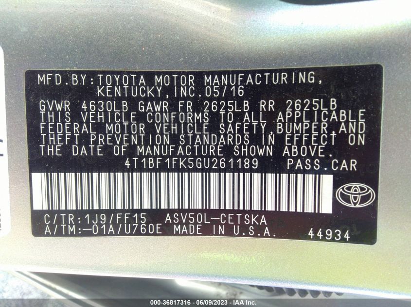 2016 TOYOTA CAMRY LE/XLE/SE/XSE - 4T1BF1FK5GU261189