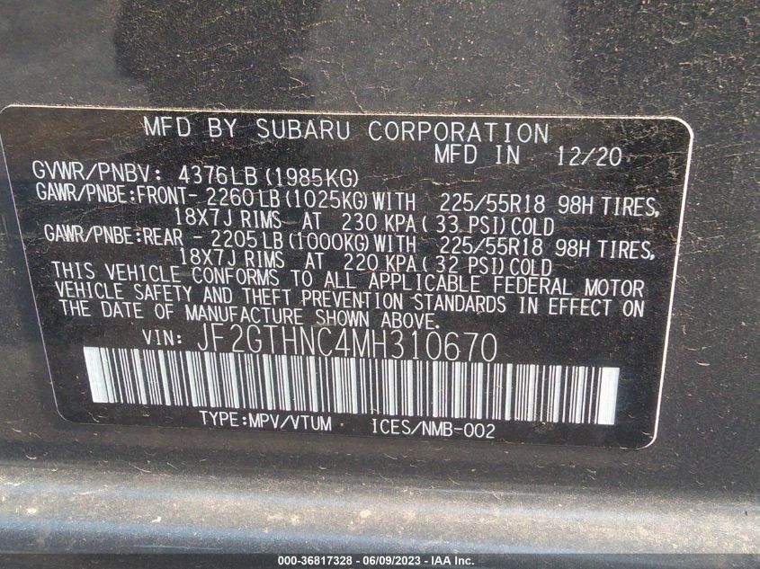 2021 SUBARU CROSSTREK LIMITED - JF2GTHNC4MH310670