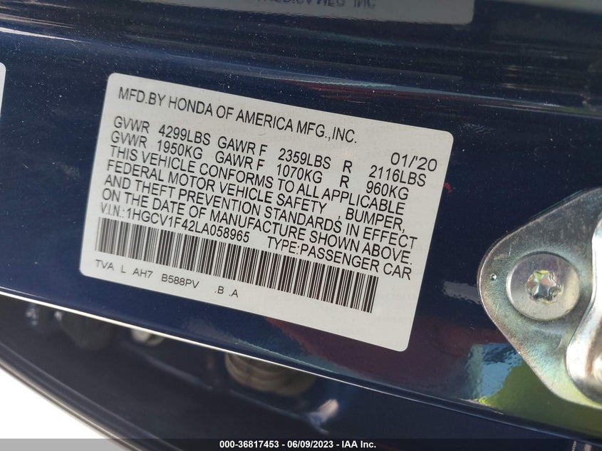 VIN 1HGCV1F42LA058965 2020 HONDA ACCORD SEDAN EX
