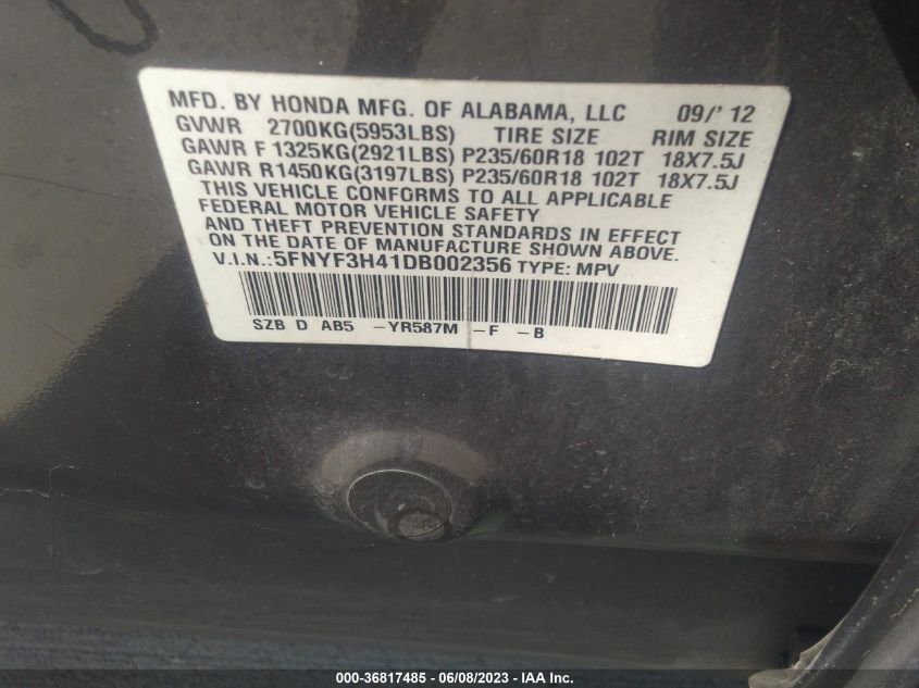 2013 HONDA PILOT EX - 5FNYF3H41DB002356