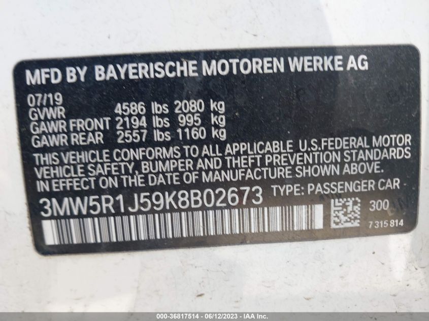 2019 BMW 3 SERIES 330I - 3MW5R1J59K8B02673