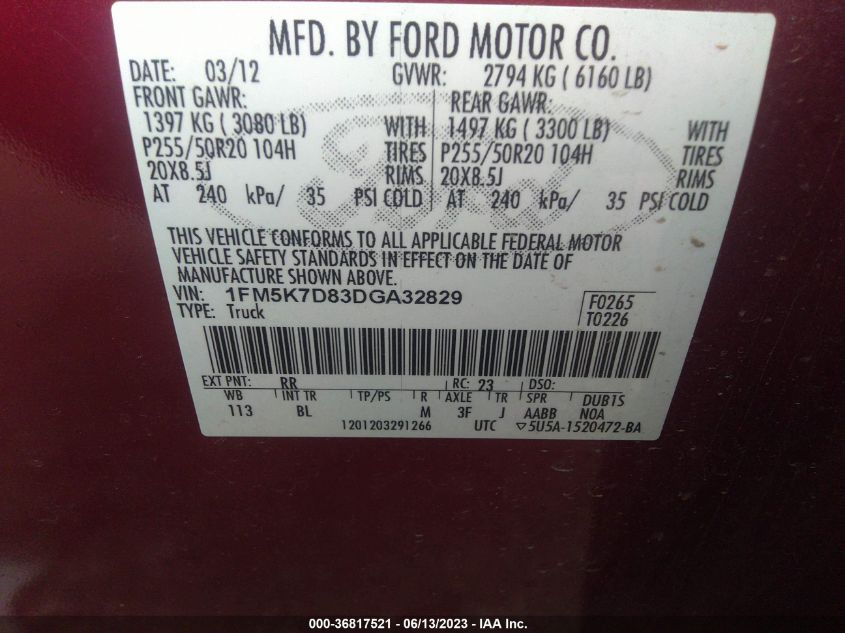 2013 FORD EXPLORER XLT - 1FM5K7D83DGA32829
