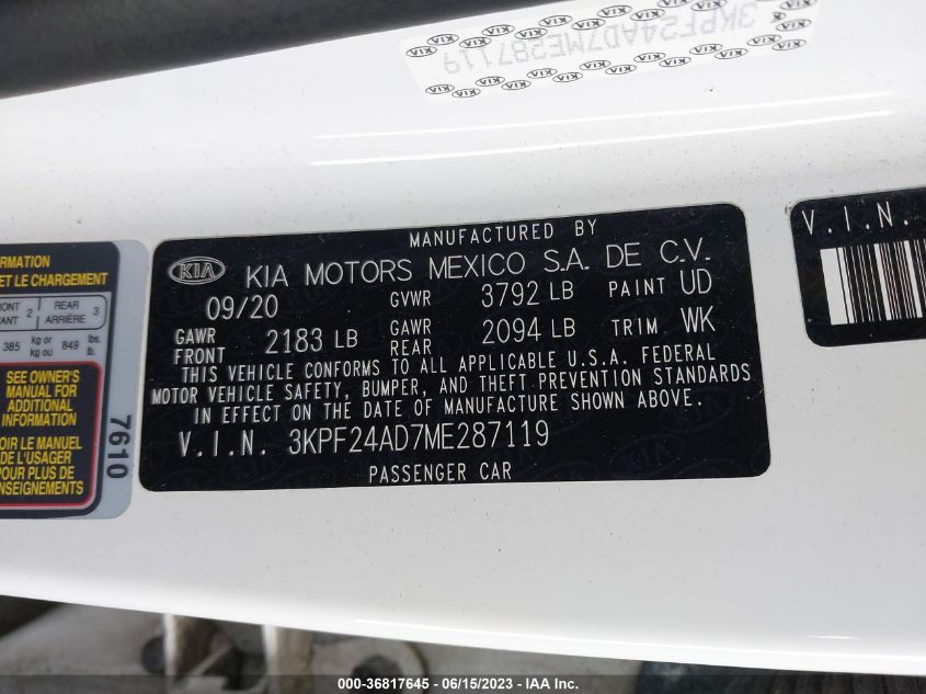 2021 KIA FORTE LXS - 3KPF24AD7ME287119