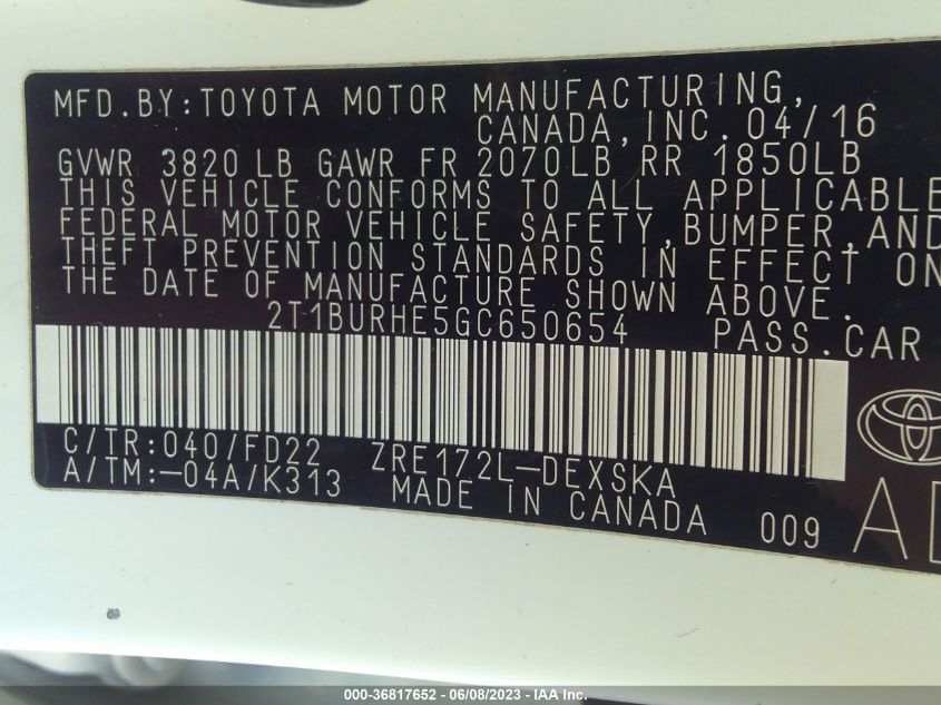 2016 TOYOTA COROLLA L/LE/S/S PLUS/LE PLUS - 2T1BURHE5GC650654
