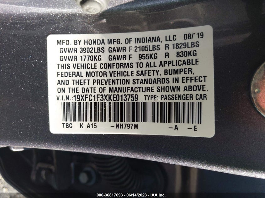 VIN 19XFC1F3XKE013759 2019 HONDA CIVIC SEDAN EX