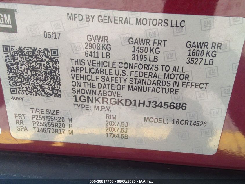 2017 CHEVROLET TRAVERSE LT - 1GNKRGKD1HJ345686