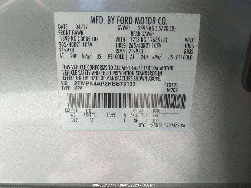VIN 2FMPK4AP2HBB73133 2017 FORD EDGE SPORT