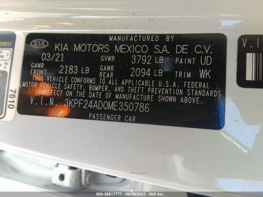 2021 KIA FORTE LXS - 3KPF24AD0ME350786