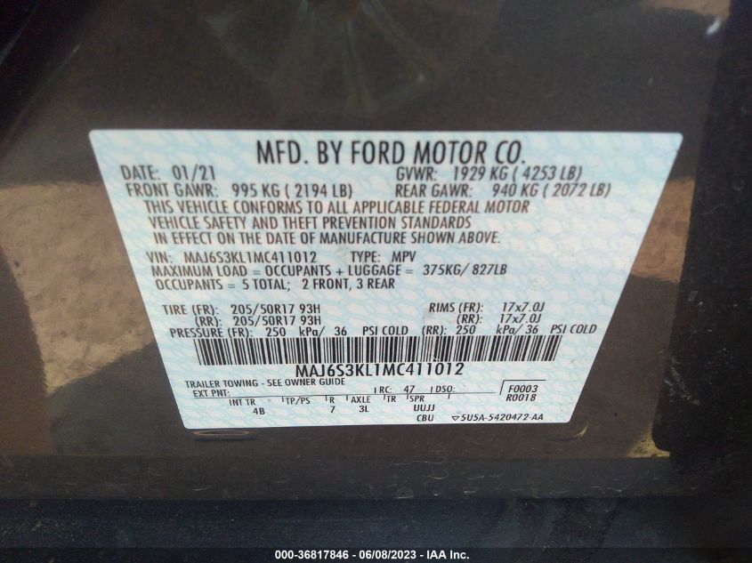 2021 FORD ECOSPORT TITANIUM - MAJ6S3KL1MC411012