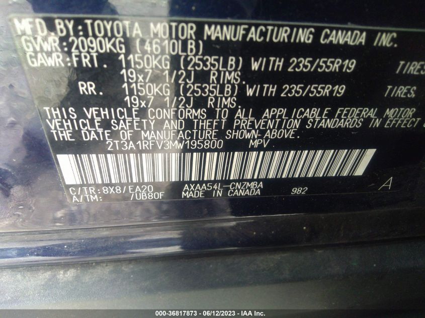 2021 TOYOTA RAV4 XLE PREMIUM - 2T3A1RFV3MW195800