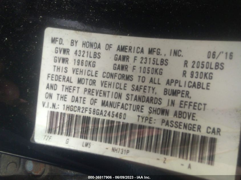 2016 HONDA ACCORD SEDAN SPORT - 1HGCR2F58GA245460